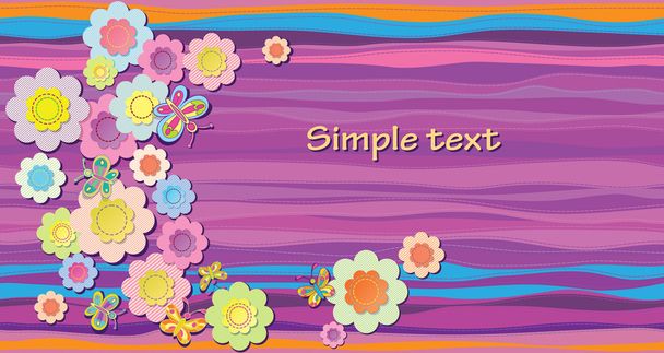 Vector horizontal composition. Painted butterflies and flowers from the fabric on the abstract background of lilac. Space for text - Vector, Image