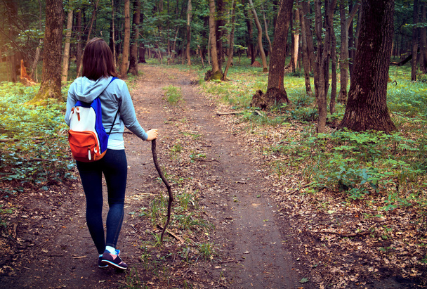 Menina feliz atravessando a floresta
 - Foto, Imagem