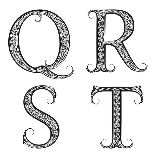 Q, R, S, T vintage patterned letters. - Вектор, зображення