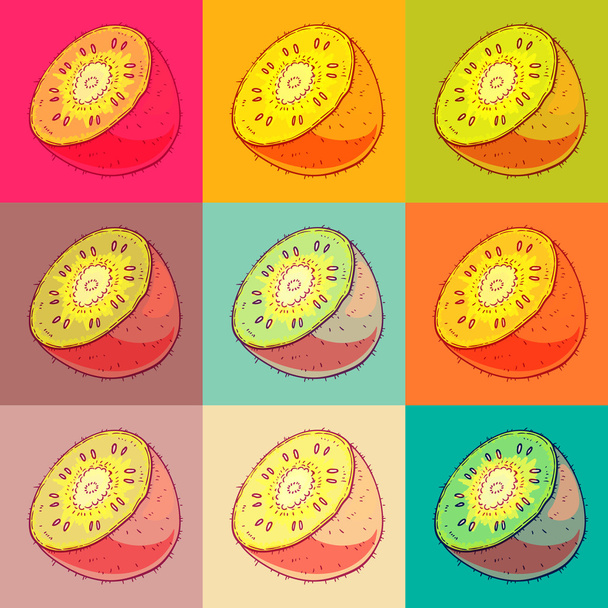 Fondo sin costuras vectorial con kiwi multicolor y lima sobre fondo cuadrado colorido
 - Vector, imagen