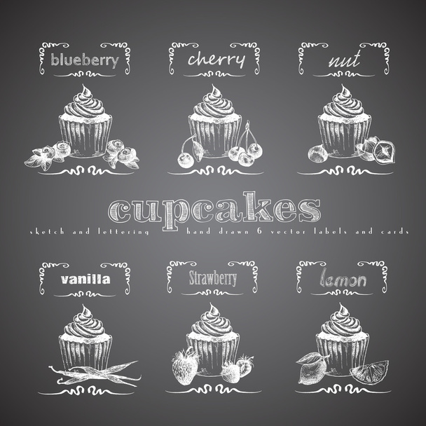 Cupcakes hand drawn collection. Vector vintage illustration with cherry, blueberry, vanilla, nut, strawberry, lemon and letter elements. - Vecteur, image