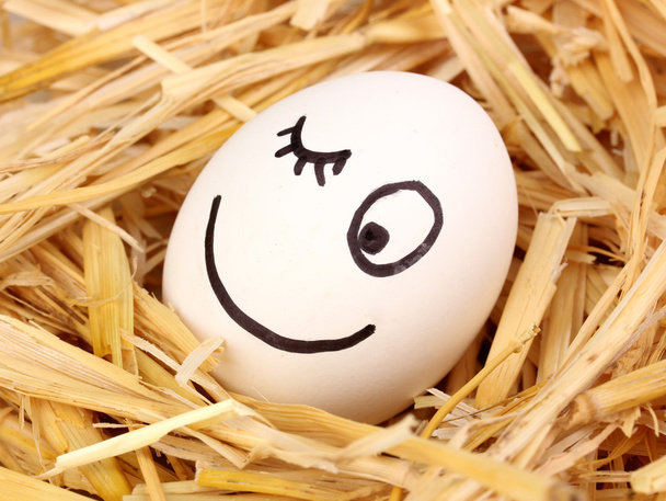 White egg with funny face in straw - Φωτογραφία, εικόνα