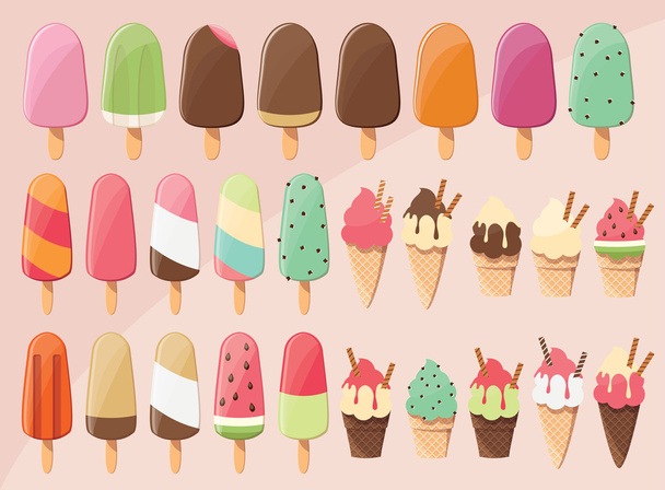 Enorme colección de 28 deliciosos helados brillantes paletas, cucharadas y conos
 - Vector, imagen