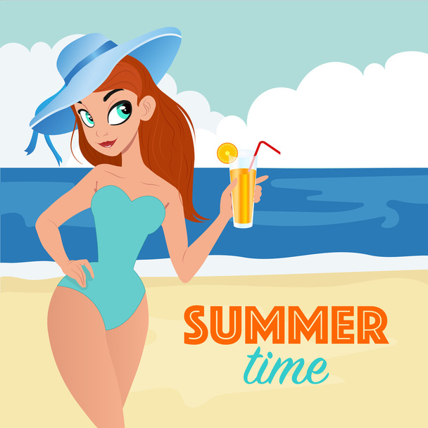 Beautiful woman with a cocktail on the beach - Vector, afbeelding