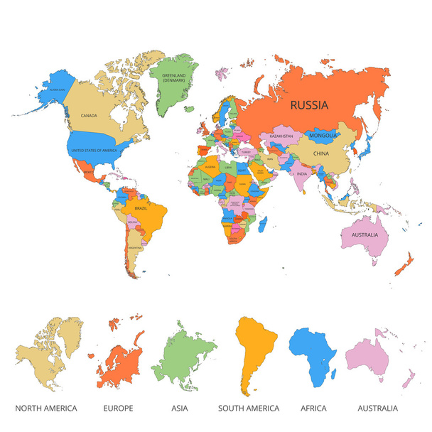 Kaart van de wereld met de naam van de landen en continenten. Vectorillustratie. - Vector, afbeelding