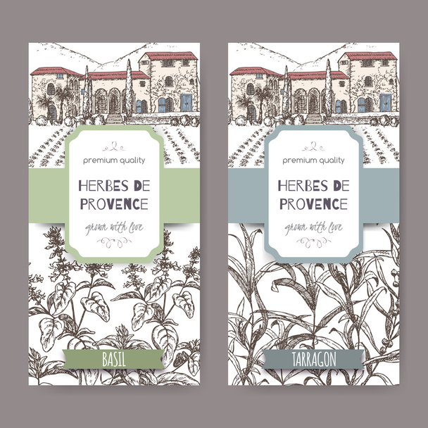 Two labels with Provence mansion, basil and tarragon on white - Vetor, Imagem