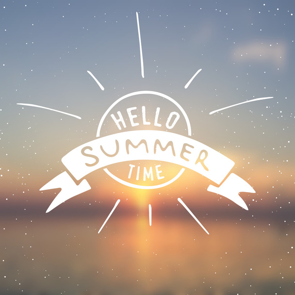 Vector sun illustration on a blurred sunset background. Hello summertime - quote. - Vector, imagen