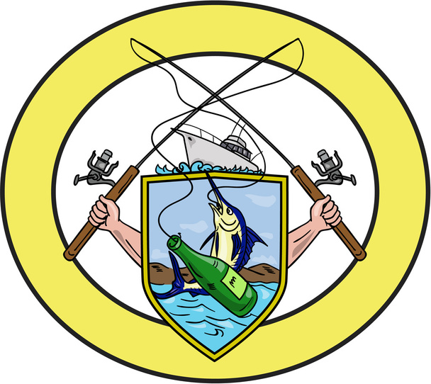 Carrete de caña de pescar Blue Marlin Beer Botella Escudo de armas Dibujo oval
 - Vector, Imagen