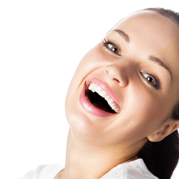 Very happy smiling or laughing woman, on white - Foto, Bild