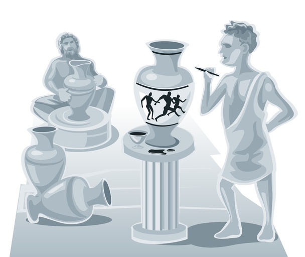 Painter painting on a clay pot and the potter makes pots. Vector flat illustration - Vector, Image
