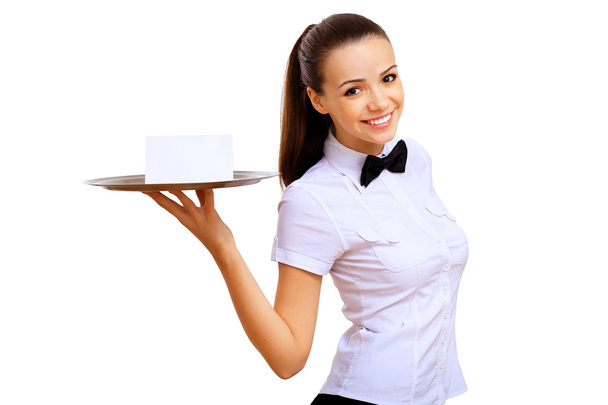 Young waitress with an empty tray - Fotó, kép
