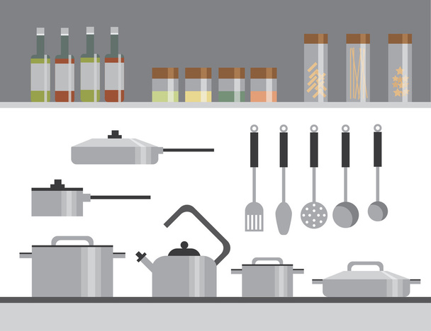 Keukenapparatuur. Geïsoleerde elementen vlakke afbeelding. Flessen, Cupping-glas, Pan, pan, theepot - Vector, afbeelding