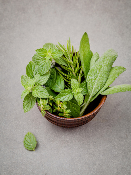 Freshness herbs still life with peppermint,rosemary, thyme, sage - Fotoğraf, Görsel