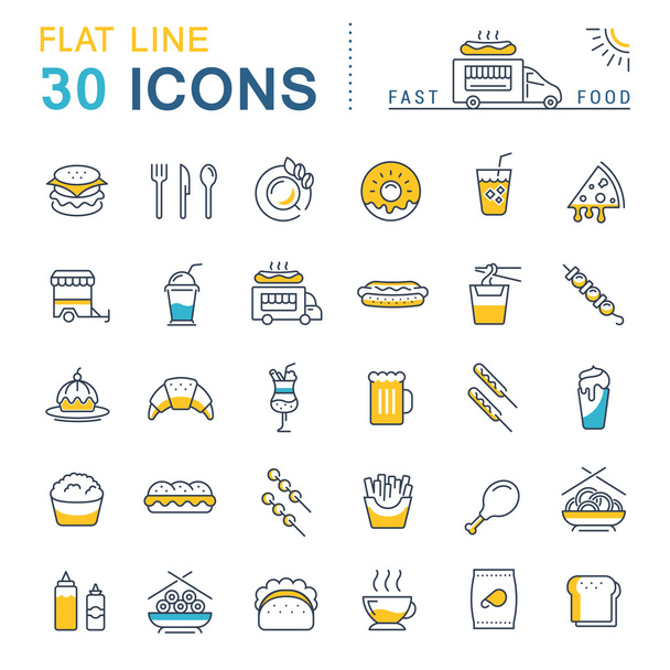 Набор векторной плоской линии иконы быстрого питания и нездоровой пищи
 - Вектор,изображение