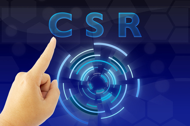 kéz mutató "Csr" Vállalati társadalmi felelősségvállalás szó kék digitális háttér - Fotó, kép