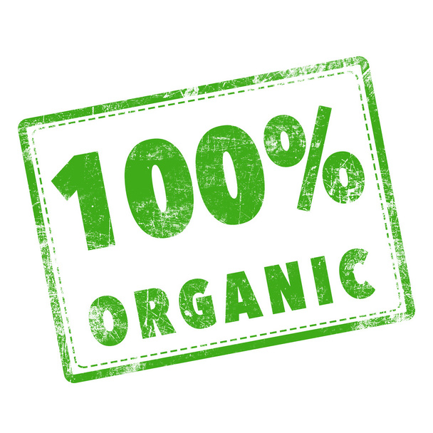znaczek słowo "100% organiczne" w kolorze zielonym na białym tle - Zdjęcie, obraz