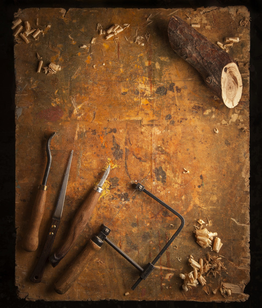 Hand tools Wood on an old wooden workbench - Foto, imagen