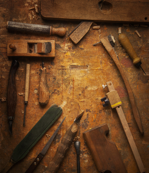 Hand tools Wood on an old wooden workbench - Fotó, kép