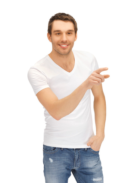 Man in white shirt pointing his finger - Foto, Imagem