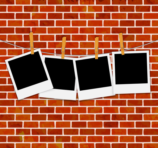 set of photo frames on rope with clothespins on brick wall  - Vector, Image