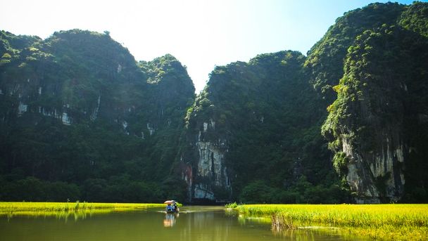 Rijstveld en de Ngodong-rivier in Ninhbinh, Vietnam - Foto, afbeelding