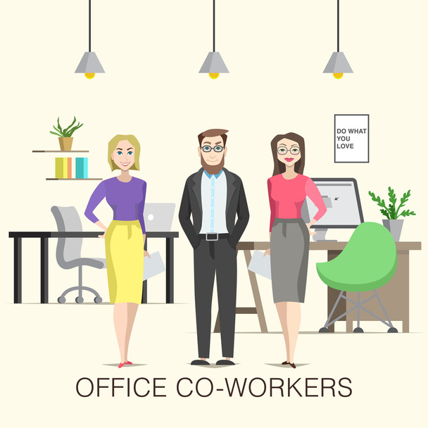 Office co-workers illustration with cartoon characters. - Vektör, Görsel