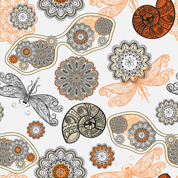 vector seamless pattern with sunglasses, flowers, shells,and dra - Vektor, Bild