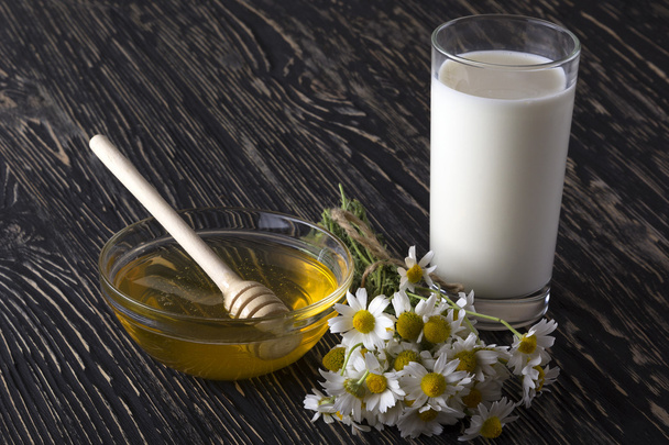 Ciotola di miele, bicchiere con latte e fiori di camomilla
 - Foto, immagini