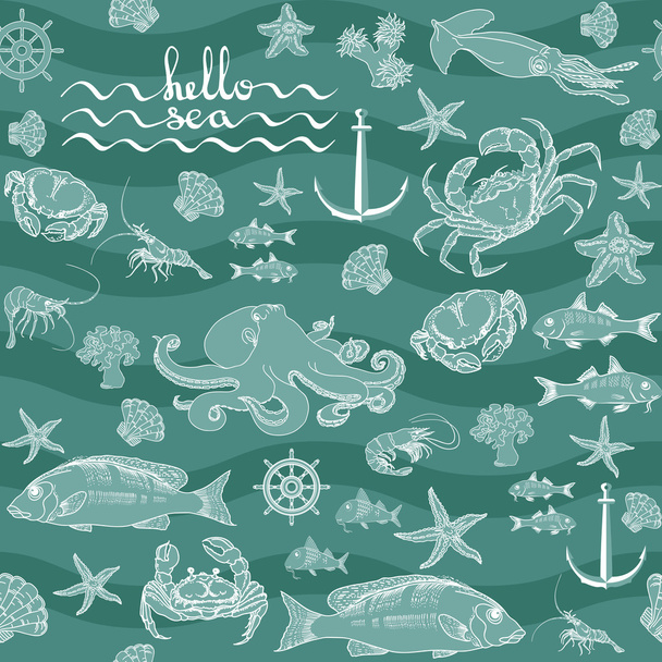 Retro underwater pattern on aquamarine background. - Vektör, Görsel