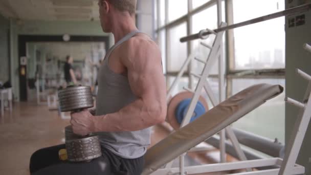 Lekkoatletycznego mężczyzna siłowni. Trening klatki piersiowej - Materiał filmowy, wideo