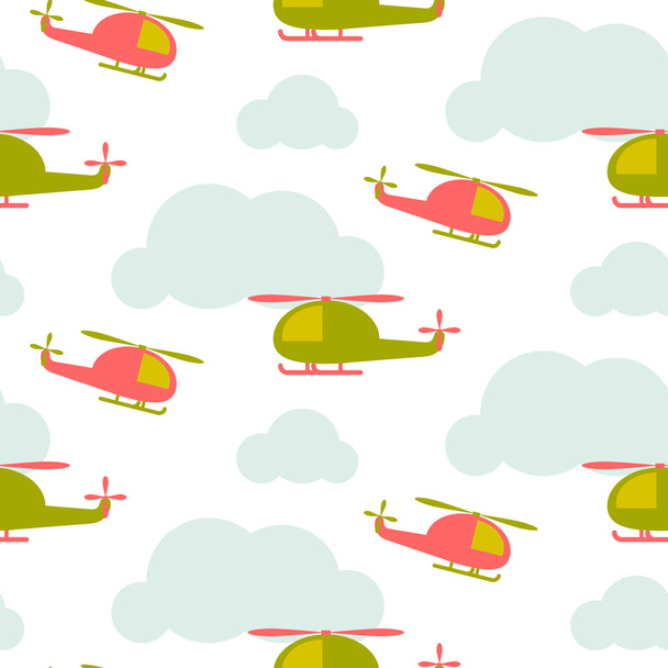 Cartoon helicopter in sky seamless vector pattern. - Vetor, Imagem