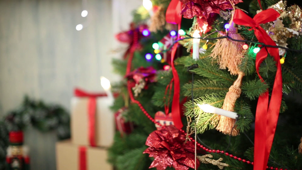Many christmas toys hanging on tree  - Footage, Video