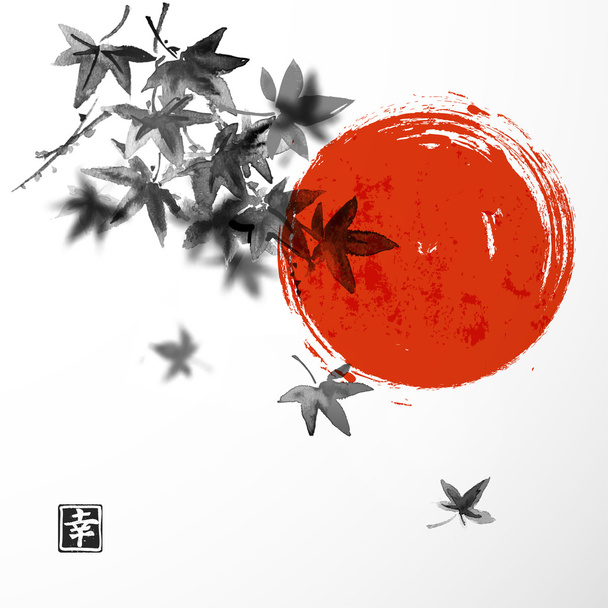 Japanese maple leaves and red sun - Vektor, kép
