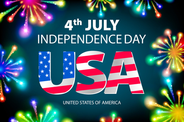 Independence day of the USA typographical background. Shining fireworks and place for text. vector - Vektör, Görsel