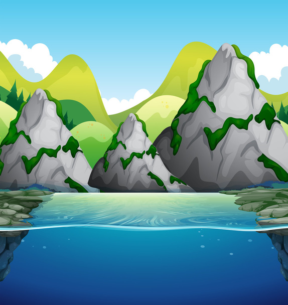 Escena de naturaleza con montaña y lago
 - Vector, Imagen