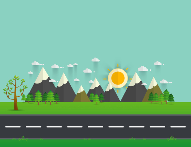 Estrada no vale verde, montanhas, colinas, nuvens e sol no sk
 - Vetor, Imagem
