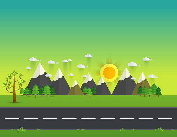 Дорога в зеленій долині, гори, пагорби, хмари і сонце на скіні
 - Вектор, зображення