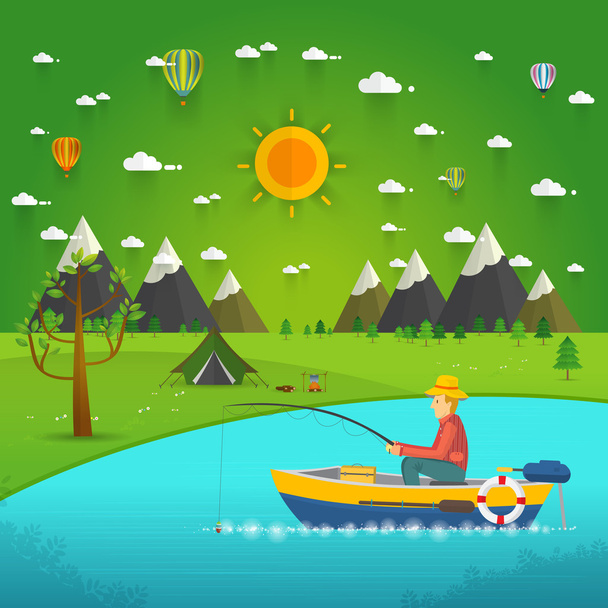 Рыбак, сидящий в лодке и рыбалка
 - Вектор,изображение