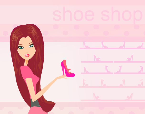 Fashion girl shopping in shoe shop vector illustration - Vector, Image