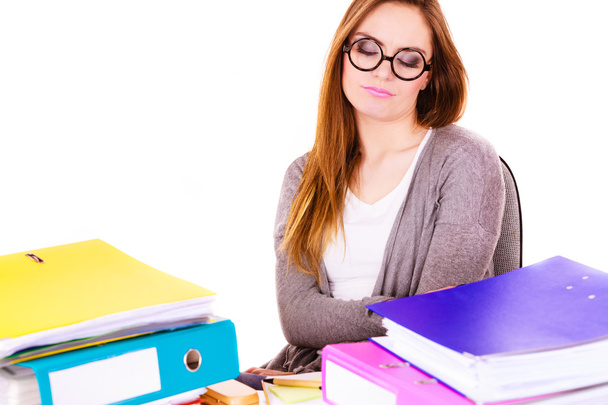 woman tired with stack of folders documents - Photo, Image
