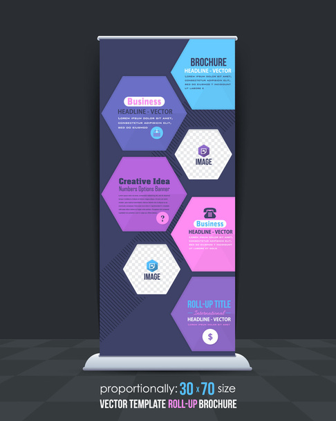Complex Roll-Up Banner, Business Concept Advertising Vector Design. Colorful Hexagon Text and Image Boxes Illustration - Vecteur, image