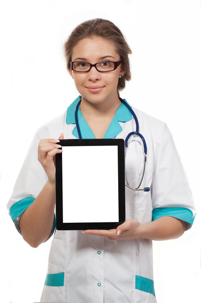 Doctor holding up and showing digital tablet with a blank screen. - Photo, image