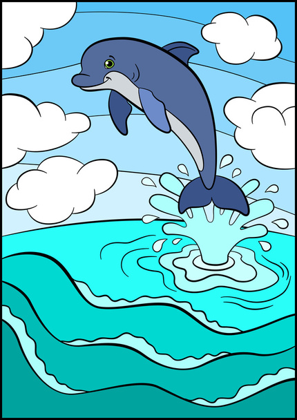 Cartoon animals for kids. Little cute dolphin jumps out of the w - Vector, Image