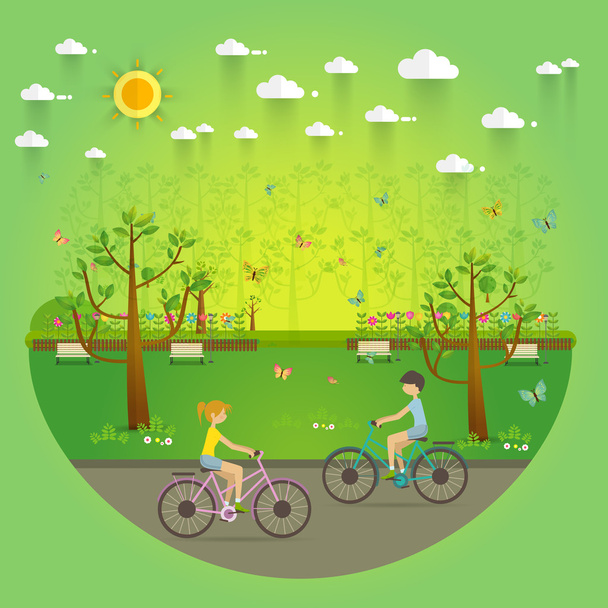 Coppia Equitazione Biciclette Nel Parco Pubblico, Illustrazione, Progettazione Piatta
 - Vettoriali, immagini
