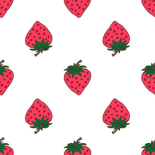 Seamless background with pink strawberries. Cute vector strawberry pattern. Summer fruit illustration on mint polka dots background. - Vector, Image