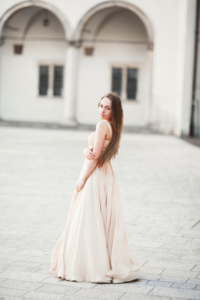 Beautiful girl, model with long hair posing in old castle near columns. Krakow Vavel - Fotó, kép