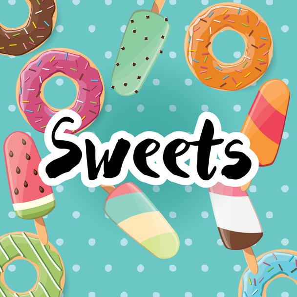 Poster design with colorful glossy tasty donuts and ice cream - Vector, Image