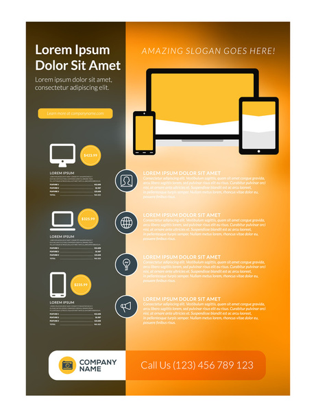 Vector Business Flyer Design Template for Mobile Application or New Smartphone. Vector Brochure Design Layout Template. Yellow and Black Colors - Διάνυσμα, εικόνα