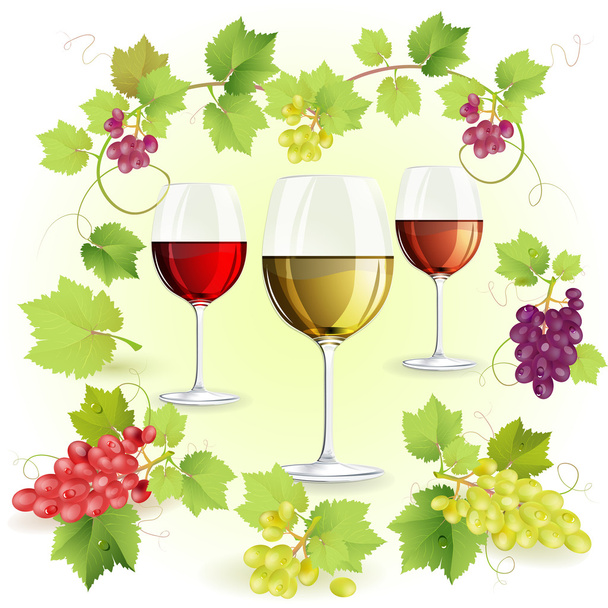 Glasses of wine and grapes - Vetor, Imagem