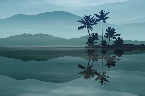 achtergrond met zee en palm bomen nachts. - Vector, afbeelding